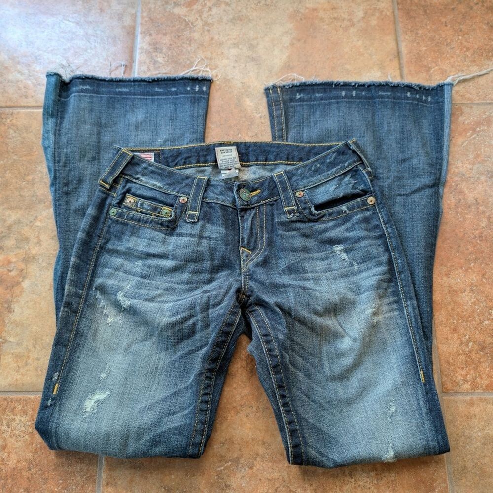 True Religion 28 Super Flare Bobby Bootcut Jeans Distressed Low Rise Flower USA